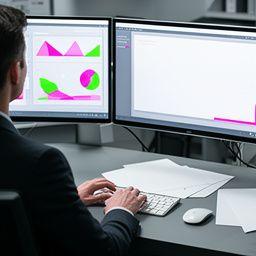 Ειδικός payroll και HR analytics σε desk setup με δύο οθόνες, γραφήματα και μισθοδοτικές αναφορές